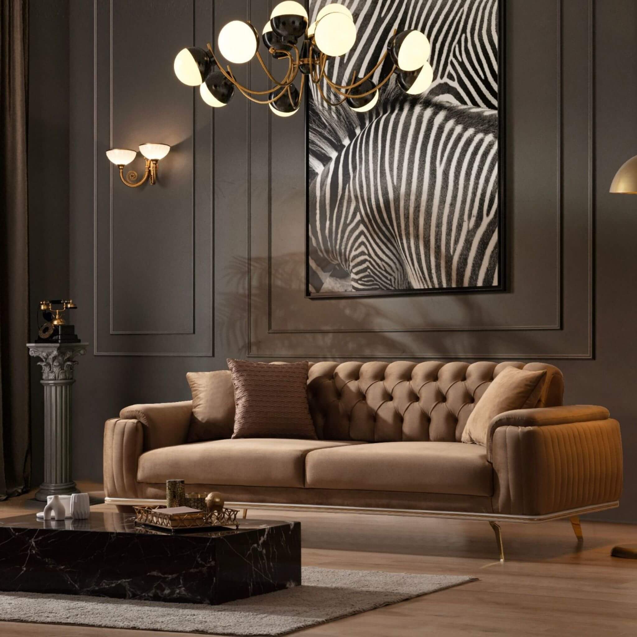 Casa Da Noir markalı modern koltuk takımları, gold detaylı berjer koltuk ve üçlü koltuk tasarımıyla sofistike bir mobilya dekorasyon anlayışı sunar.